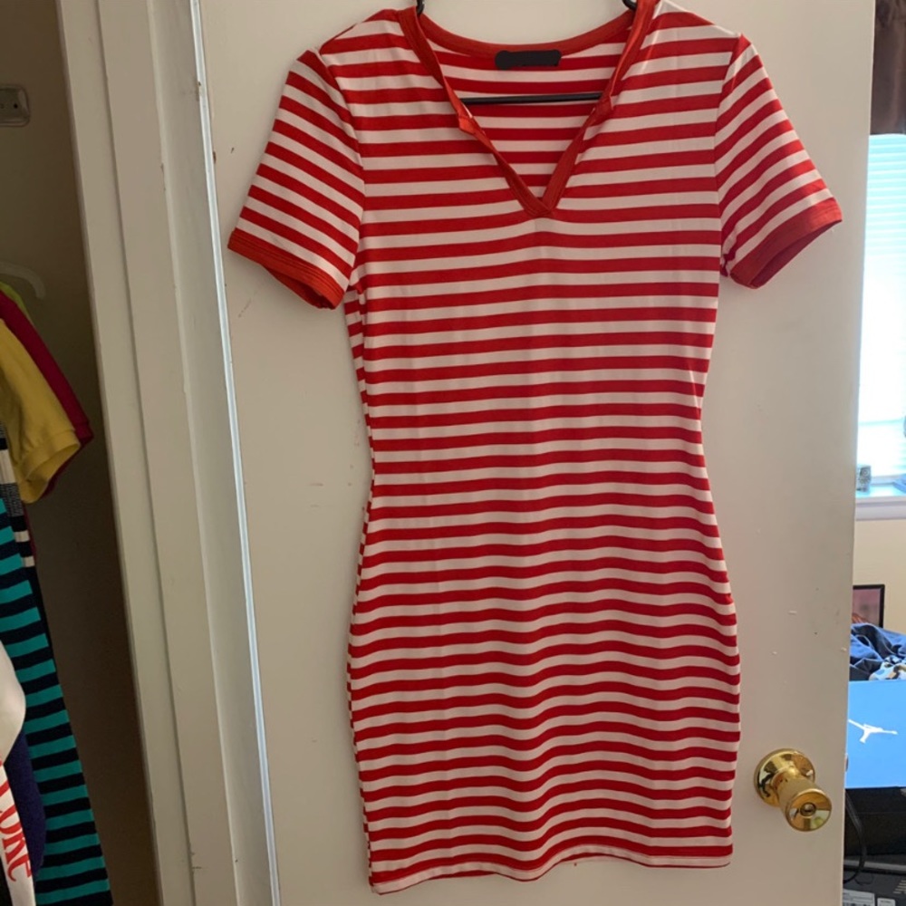 Striped Split Neck Mini Dress